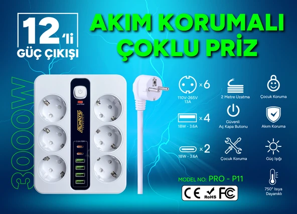 Akım Korumalı 6'lı Grup Priz 4 USB'li ve 2 TYPE-C li 6'lı Grup Priz 2 m Kablo Çocuk Korumalı - 2