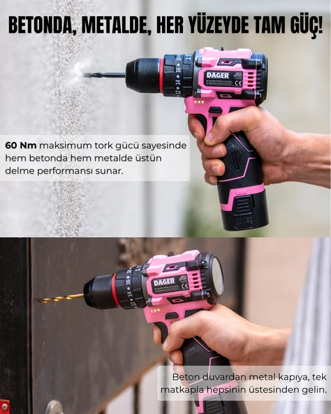 Dager NOVA 16.8V Kömürsüz Darbeli Şarjlı Matkap Vidalama Seti 60Nm, Çift Akü + 85 Parça Aksesuar + Hızlı Şarj - Pembe - 3