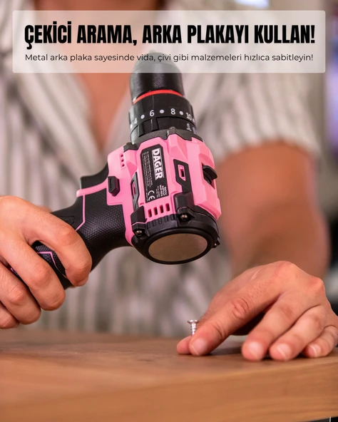 Dager NOVA 16.8V Kömürsüz Darbeli Şarjlı Matkap Vidalama Seti 60Nm, Çift Akü + 85 Parça Aksesuar + Hızlı Şarj - Pembe - 2
