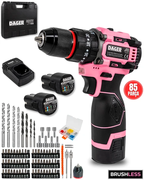 Dager NOVA 16.8V Kömürsüz Darbeli Şarjlı Matkap Vidalama Seti 60Nm, Çift Akü + 85 Parça Aksesuar + Hızlı Şarj - Pembe