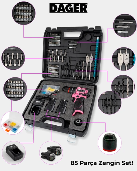 Dager NOVA 16.8V Kömürsüz Darbeli Şarjlı Matkap Vidalama Seti 60Nm, Çift Akü + 85 Parça Aksesuar + Hızlı Şarj - Pembe - 6