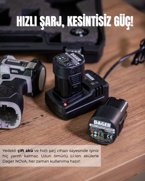 Dager NOVA 16.8V Kömürsüz Darbeli Şarjlı Matkap Vidalama Seti 60Nm, Çift Akü + 85 Parça Aksesuar + Hızlı Şarj - Pembe - 5