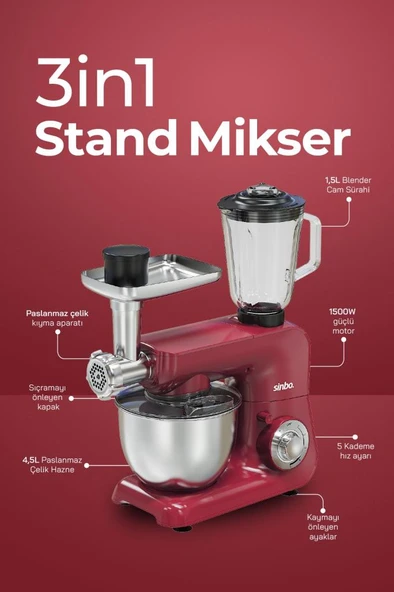 Sinbo SMX-2775 Çok Amaçlı 3ın1 Mutfak Şefi Hamur Yoğurma Kıyma Makinesi Sürahi Blender 1500w Kırmızı - 2
