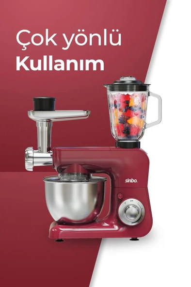 Sinbo SMX-2775 Çok Amaçlı 3ın1 Mutfak Şefi Hamur Yoğurma Kıyma Makinesi Sürahi Blender 1500w Kırmızı - 4