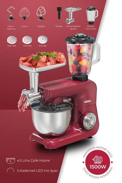 Sinbo SMX-2775 Çok Amaçlı 3ın1 Mutfak Şefi Hamur Yoğurma Kıyma Makinesi Sürahi Blender 1500w Kırmızı - 1