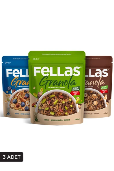 Fellas Granola 3'lü Mix Paket - Yaban Mersinli 200g + Fındık & Kakao 200g + Antep Fıstıklı 200g - 1