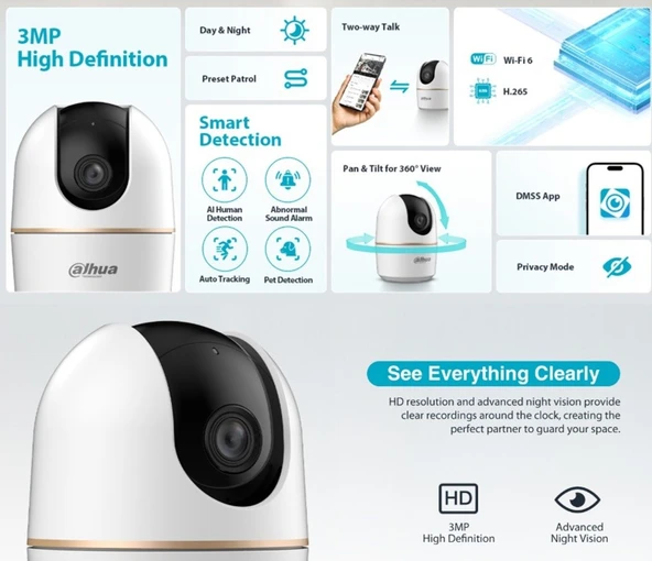 Dahua IPC-HPT1330DA-STW 3mp 2.8mm Lens Kablosuz Kamera Çift Yönlü Ses İnsan Takibi Ve Algılama Wifi Kamera - Resim 4