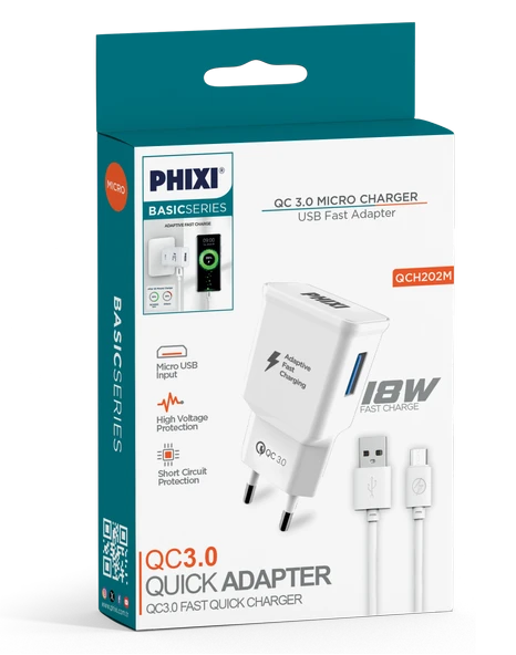 Phixi QCH202M Basic 12V / 3A Qualcomm 3.0 Micro USB Kablolu Hızlı Şarj Cihazı - 3