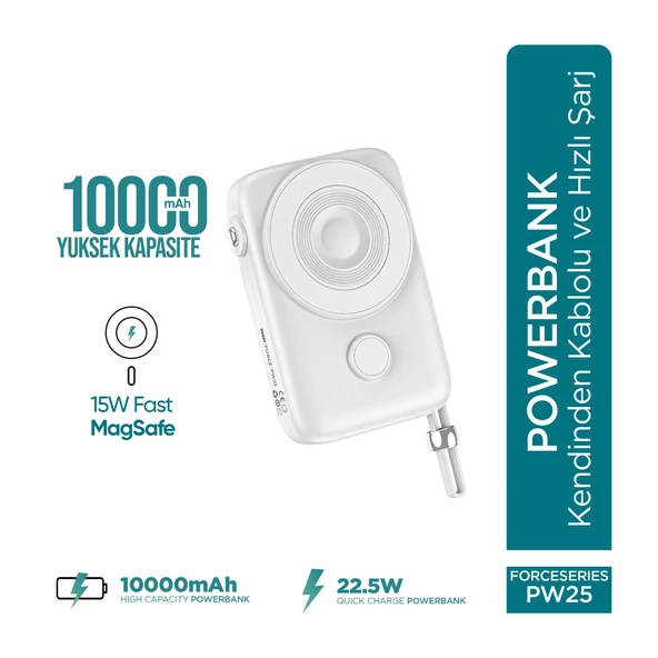 Phixi Force PW25 10000mAh 22.5W Kendinden Kablolu MagSafe Powerbank - Kablosuz Mini Şarj Cihazı - Dijital Ekran - Taşınabilir Şarj Cihazı - 4