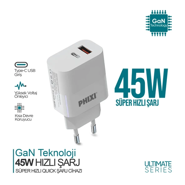 PHİXİ ULTİMATE UPD4145 45W PD ÇİFT ÇIKIŞLI HIZLI ŞARJ ADAPTÖR