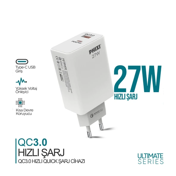 Phixi Ultimate UPD4225 27W PD Çift Çıkışlı Hızlı Şarj Adaptörü ürün görseli 1