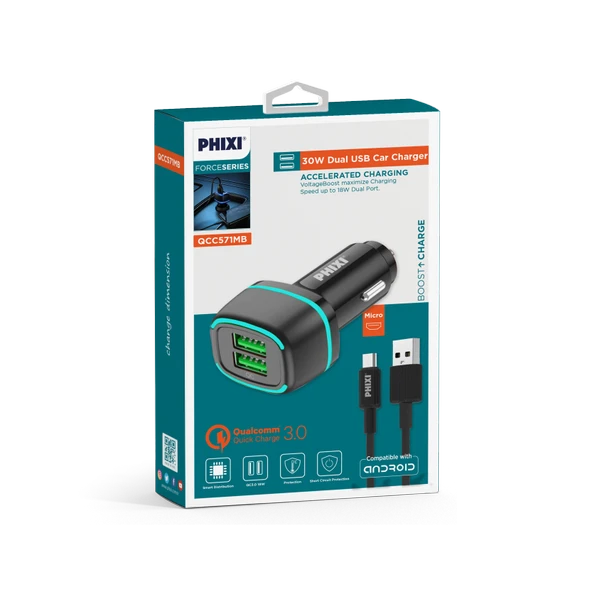 Phixi Force QCC571M Çift Çıkışlı Fast Micro USB Kablolu Araç Şarj Cihazı - 2