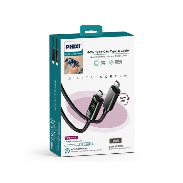Phixi Ultimate UPD4160T 60W LCD Ekranlı Metal Başlıklı Hasır Örgü Type-C to Type-C Hızlı Şarj ve Data Kablo - 3