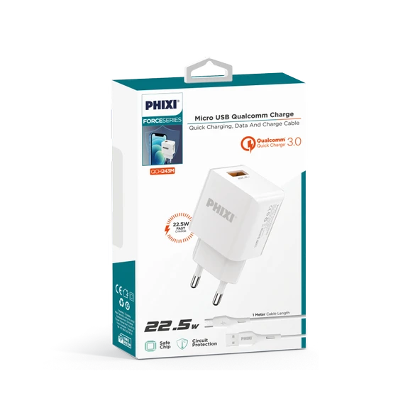 PHİXİ QCH243M FORCE AKIM KORUMALI 3.0A MİCRO USB KABLOLU ŞARJ CİHAZI - 3