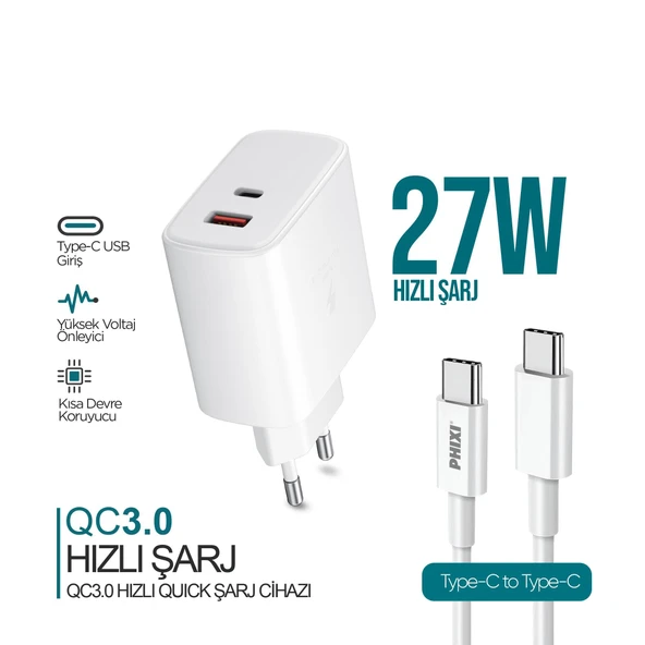 PHİXİ ULTİMATE UPD4325T 27W PD ÇİFT ÇIKIŞLI TYPE-C HIZLI ŞARJ CİHAZI