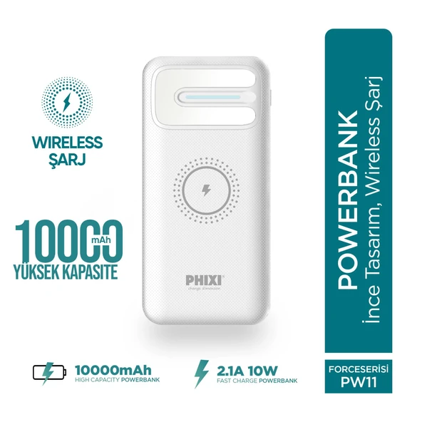 Phixi Basic PW11 10000mAh 10W Kablosuz Şarj Cihazı - Wireless Powerbank - 2 USB Port - LED Gösterge - Taşınabilir Şarj Cihazı - 7