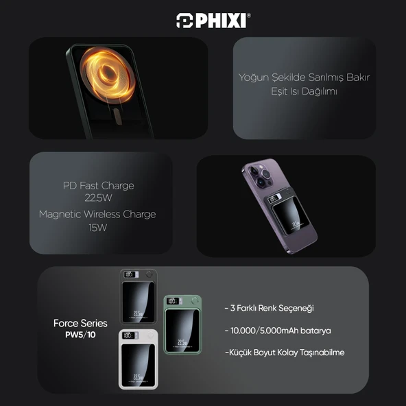 Phixi Force PW5 5000mAh 22.5W MagSafe Powerbank  - Kablosuz Mini Şarj Cihazı - 1 USB 1 PD Port - Dijital Ekran - Taşınabilir Şarj Cihazı - Resim 9