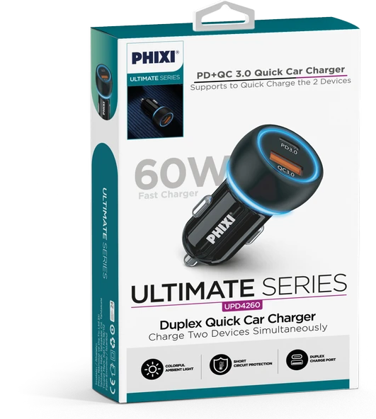 PHİXİ UPD4260 ÇİFT ÇIKIŞLI PD DESTEKLİ 60W ARAÇ ŞARJ ADAPTÖRÜ - 2