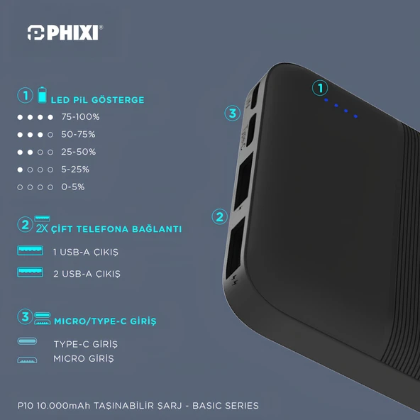 Phixi Basic P10 10000mAh Powerbank 10W - 2 Port LED Gösterge - Taşınabilir Şarj Cihazı - 3