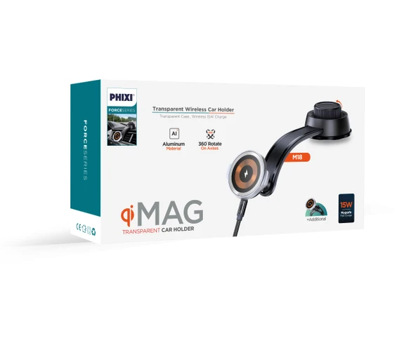 Phixi Force M18 15W Hızlı Şarj Kablosuz Araç Şarj Cihazı Tutucu, Manyetik Katlanabilir Telefon Tutucu - 5