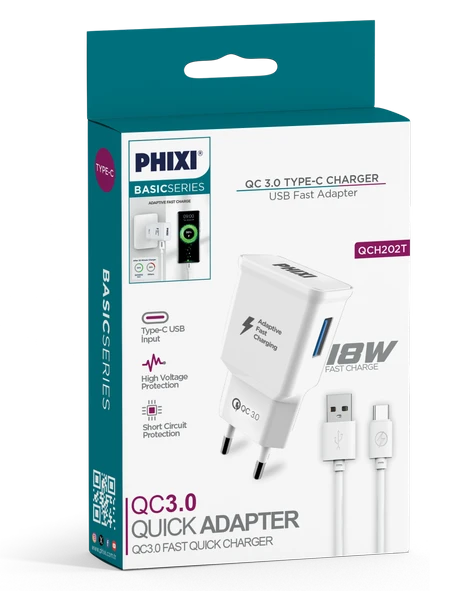 Phixi QCH202T Basic 12V / 3A Qualcomm 3.0 Type-C USB Kablolu Hızlı Şarj Cihazı - Resim 3