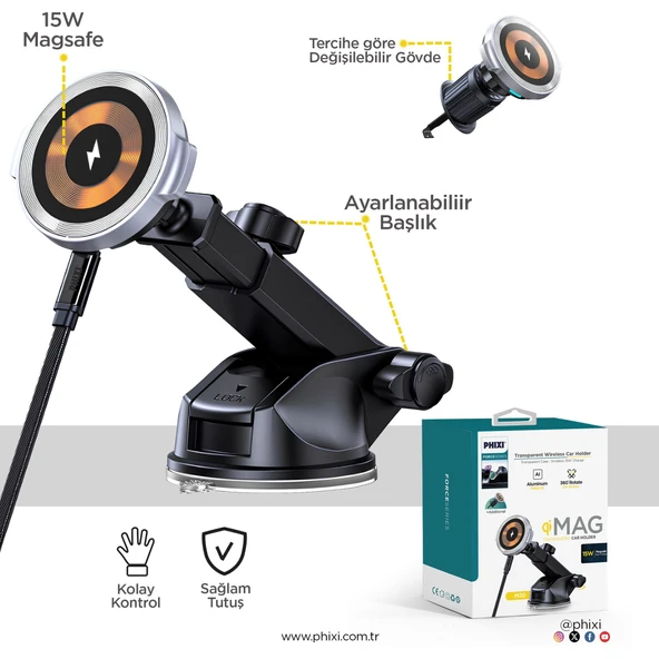 Phixi Force M20 15W Hızlı Şarj Kablosuz Araç Şarj Cihazı Tutucu, Manyetik Katlanabilir Telefon Tutucu - 3