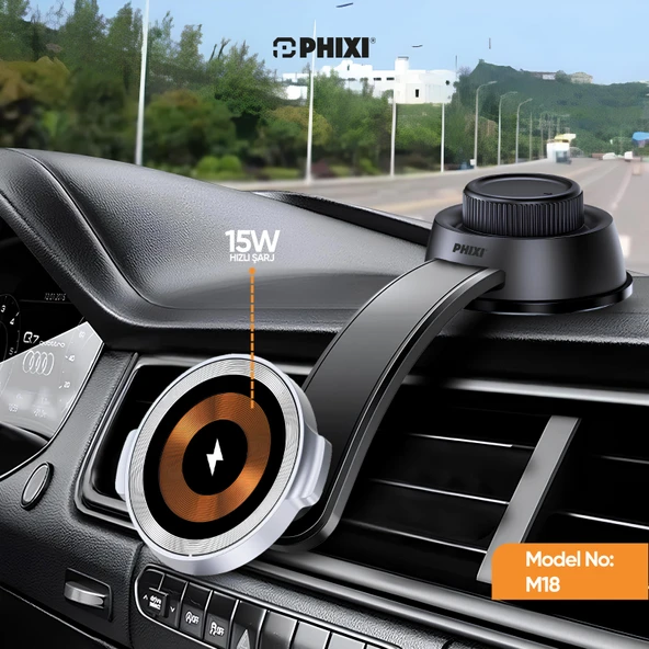 Phixi Force M18 15W Hızlı Şarj Kablosuz Araç Şarj Cihazı Tutucu, Manyetik Katlanabilir Telefon Tutucu - 4