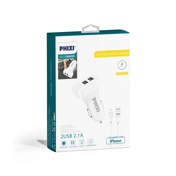 Phixi PCC511L Basic 2.1A Çift Çıkışlı Lightning Kablolu Araç Şarj Cihazı - 2