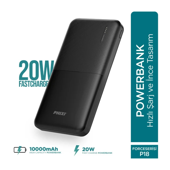 Phixi Basic P18 22.5W 10000mAh Hızlı Şarj Cihazı - PD Powerbank - 1 PD 1 USB Port LED Gösterge - Taşınabilir Şarj Cihazı