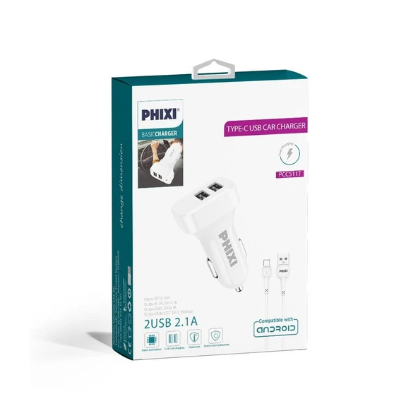 Phixi PCC511T Basic 2.1A Çift Çıkışlı Type-C USB Kablolu Araç Şarj Cihazı - 2