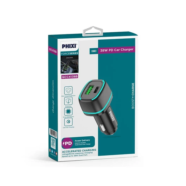 Phixi Force QCC4138 Çift Çıkışlı PD Destekli 38W Araç Şarj Adaptörü - 2