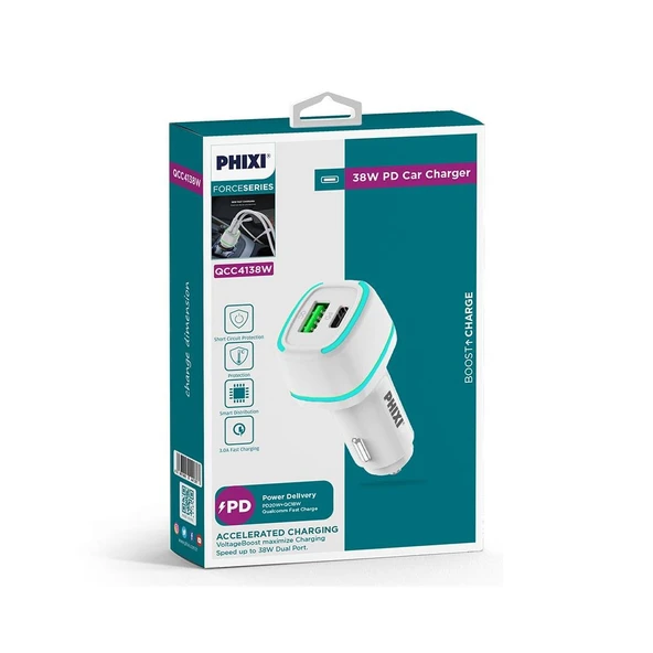 Phixi Force QCC4138 Çift Çıkışlı PD Destekli 38W Araç Şarj Adaptörü - 4