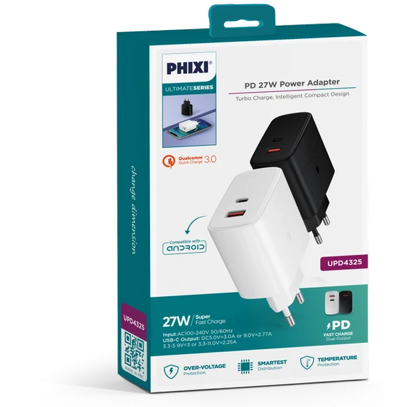 Phixi Ultimate UPD4325 27W PD Çift Çıkışlı Hızlı Şarj Adaptörü - 3