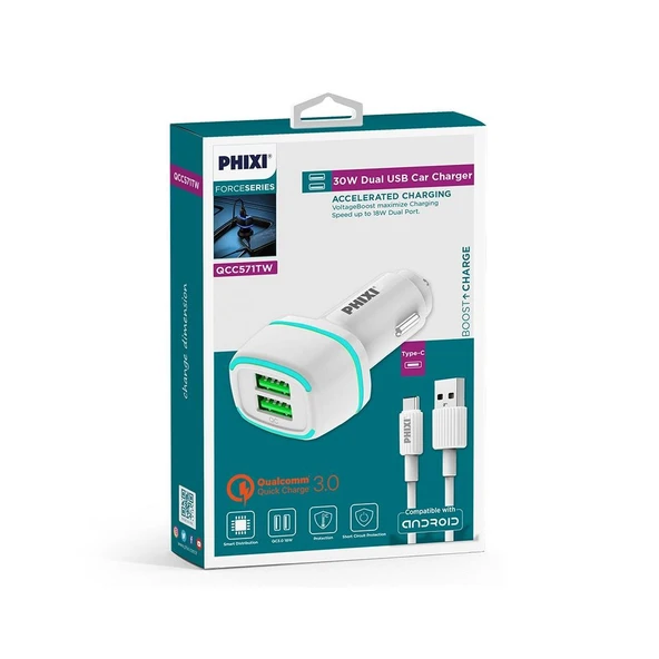 Phixi Force QCC571T Çift Çıkışlı Fast Type-C USB Kablolu Araç Şarj Cihazı - 2