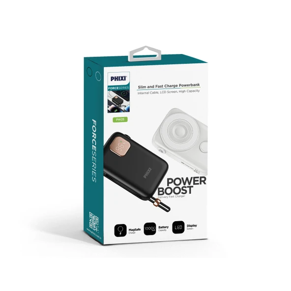 Phixi Force PW25 10000mAh 22.5W Kendinden Kablolu MagSafe Powerbank - Kablosuz Mini Şarj Cihazı - Dijital Ekran - Taşınabilir Şarj Cihazı - 6