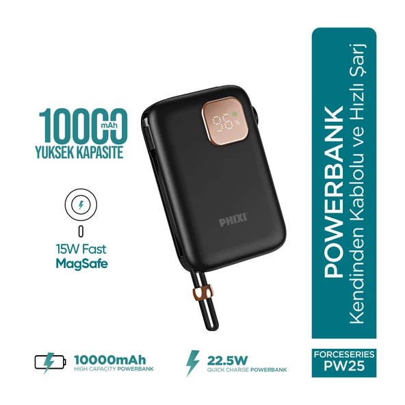 Phixi Force PW25 10000mAh 22.5W Kendinden Kablolu MagSafe Powerbank - Kablosuz Mini Şarj Cihazı - Dijital Ekran - Taşınabilir Şarj Cihazı