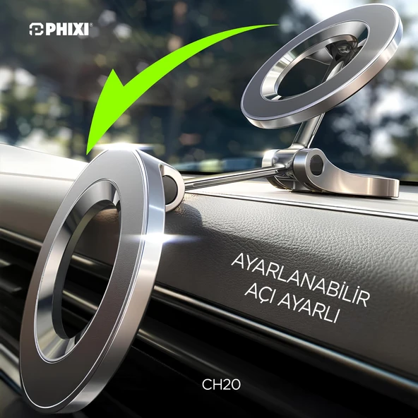Phixi Force CH20 1080 Ayarlanabilen Yapışkanlı Manyetik Magsafe Araç Tutucu - Telefon Tutucu - Resim 3