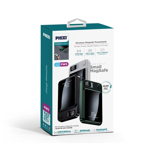 Phixi Force PW5 5000mAh 22.5W MagSafe Powerbank  - Kablosuz Mini Şarj Cihazı - 1 USB 1 PD Port - Dijital Ekran - Taşınabilir Şarj Cihazı - Resim 12