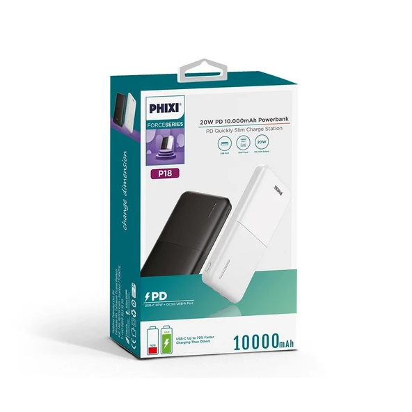 Phixi Basic P18 22.5W 10000mAh Hızlı Şarj Cihazı - PD Powerbank - 1 PD 1 USB Port LED Gösterge - Taşınabilir Şarj Cihazı - 12
