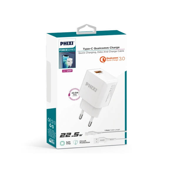 PHİXİ QCH243T FORCE AKIM KORUMALI 3.0A TYPE-C USB KABLOLU ŞARJ CİHAZI - 3