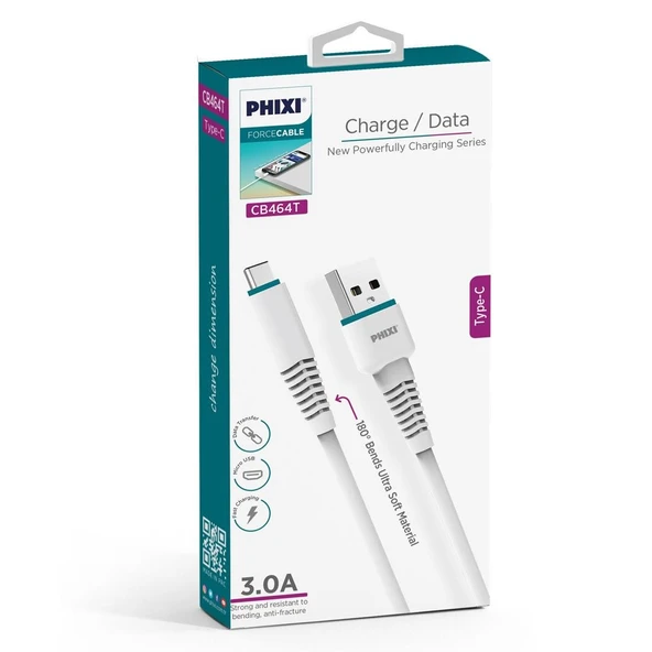 Phixi Force CB464T Esnek ve Güçlendirilmiş Type-C USB Şarj ve Data Kablo - Resim 2