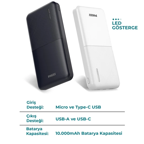 Phixi Basic P18 22.5W 10000mAh Hızlı Şarj Cihazı - PD Powerbank - 1 PD 1 USB Port LED Gösterge - Taşınabilir Şarj Cihazı - 2