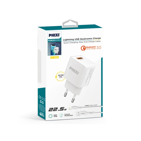 PHİXİ QCH243L FORCE AKIM KORUMALI 3.0A LIGHTNING USB KABLOLU ŞARJ CİHAZI - 3