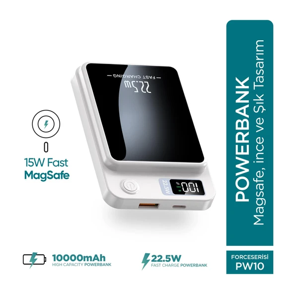 Phixi Force PW10 10000mAh 22.5W MagSafe Powerbank  - Kablosuz Mini Şarj Cihazı - 1 USB 1 PD Port - Dijital Ekran - Taşınabilir Şarj Cihazı - Resim 8