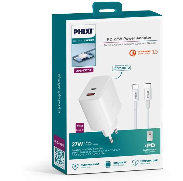 PHİXİ ULTİMATE UPD4325T 27W PD ÇİFT ÇIKIŞLI TYPE-C HIZLI ŞARJ CİHAZI - 3