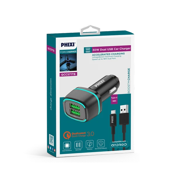 Phixi Force QCC571T Çift Çıkışlı Fast Type-C USB Kablolu Araç Şarj Cihazı - 2
