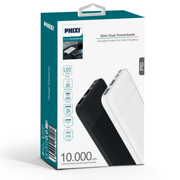 Phixi Basic P10 10000mAh Powerbank 10W - 2 Port LED Gösterge - Taşınabilir Şarj Cihazı - 6