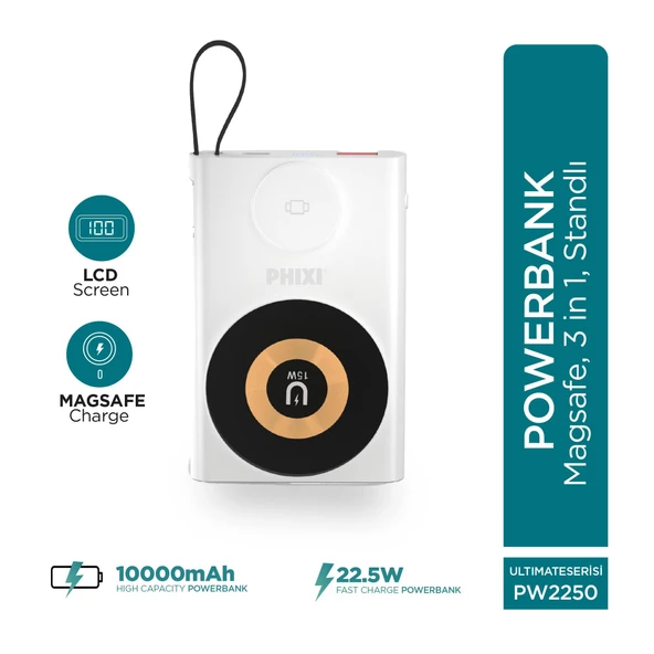 Phixi Ultimate PW2250 10000mAh 22.5W Kendinden Kablolu MagSafe Powerbank + Watch + Stand - Kablosuz Şarj Cihazı - 1 PD 1 USB Port - Dijital Ekran - Taşınabilir Şarj Cihazı - 6