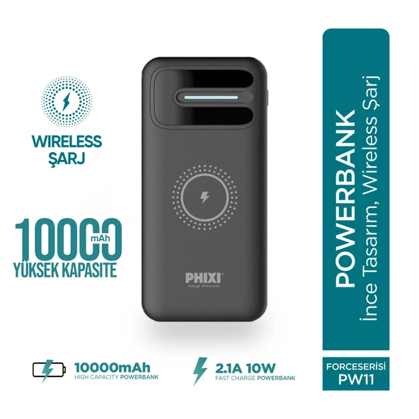 Phixi Basic PW11 10000mAh 10W Kablosuz Şarj Cihazı - Wireless Powerbank - 2 USB Port - LED Gösterge - Taşınabilir Şarj Cihazı