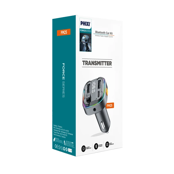 Phixi FM25 Araç FM Transmitter – Bluetooth 5.3 + PD & USB-A Hızlı Şarj - Resim 2